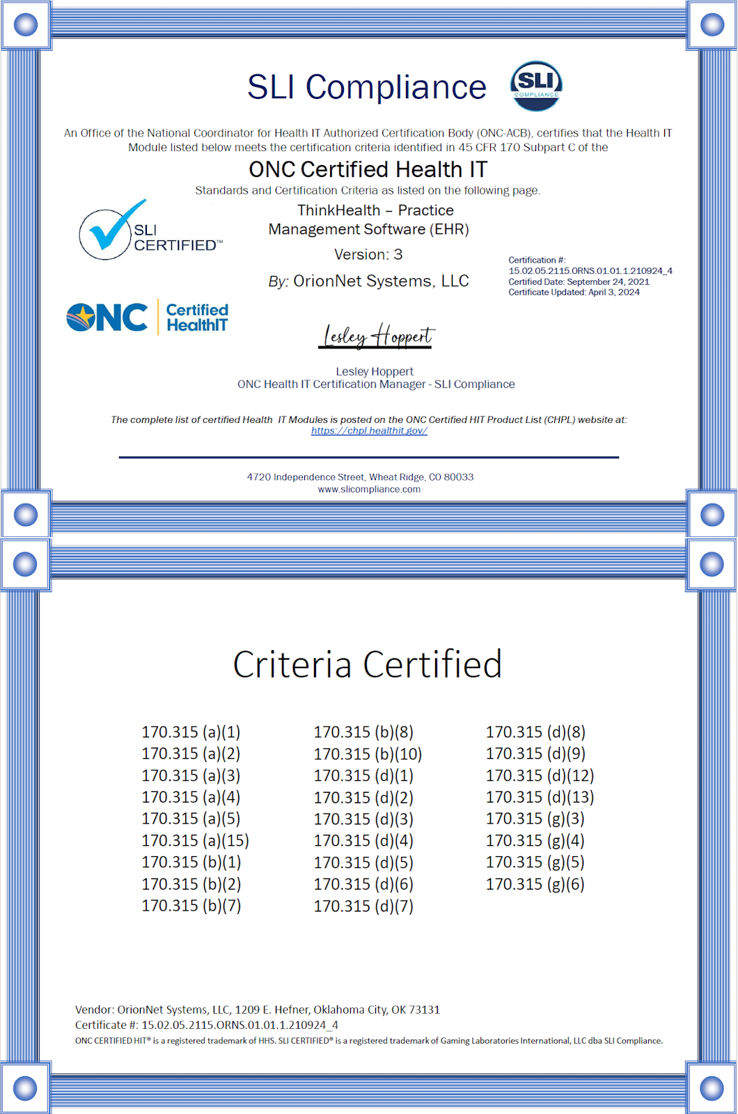 Certification Certificate